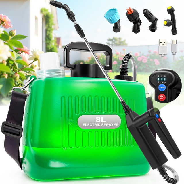 Spruzzatore alimentato a batteria Spruzzatore elettrico da giardino da 2 galloni con indicatore di batteria a 3 forze di spruzzo Manico ricaricabile