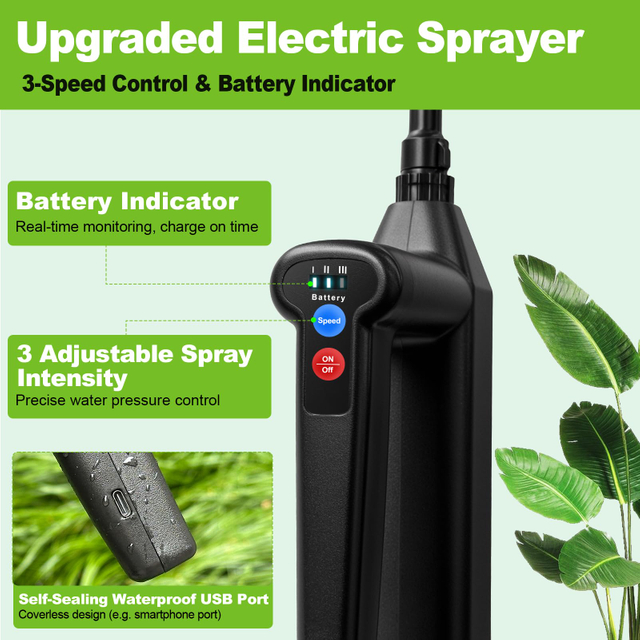 Spruzzatore alimentato a batteria Spruzzatore elettrico da giardino da 2 galloni con indicatore di batteria a 3 forze di spruzzo Manico ricaricabile